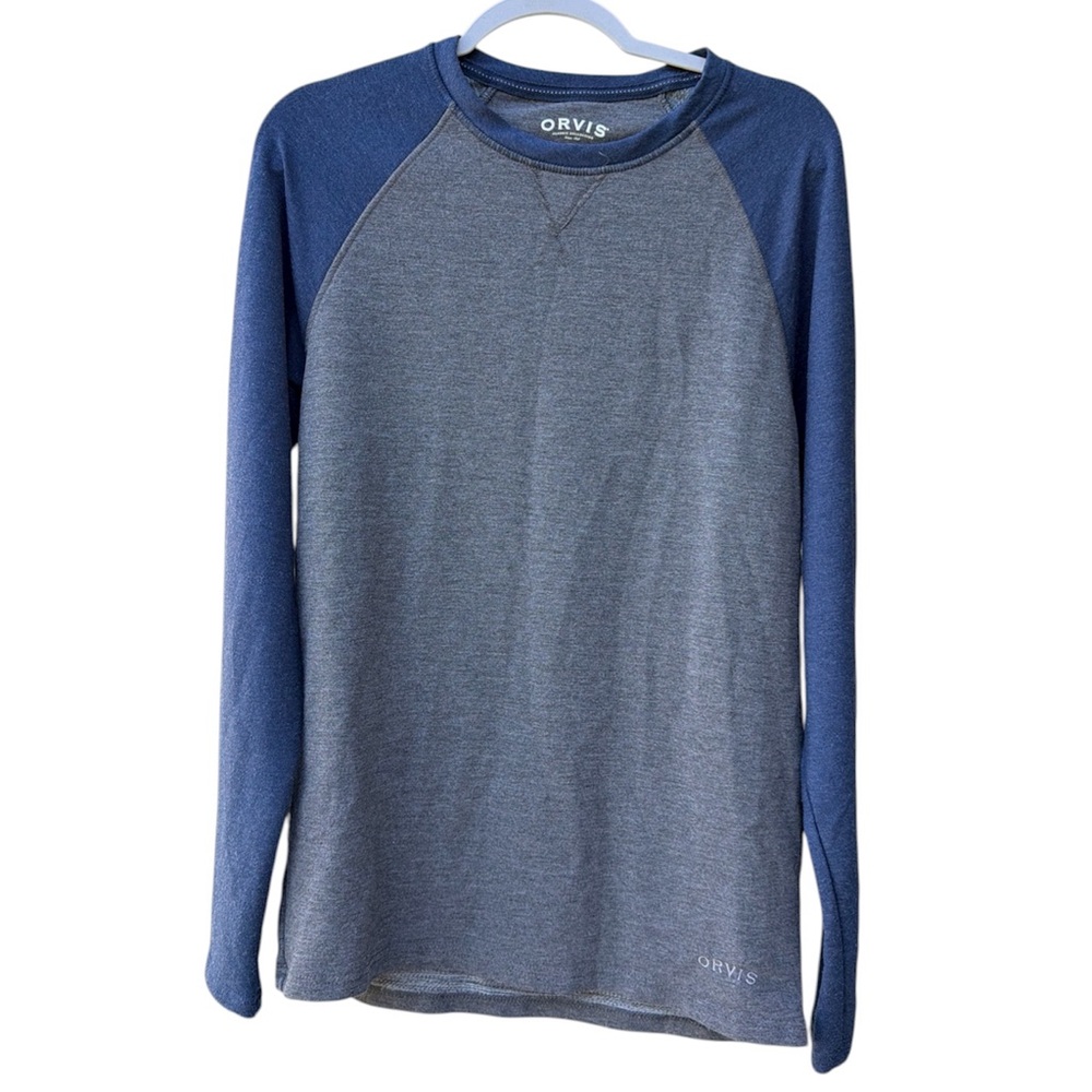 Orvis Shirt Gray Blue Raglan Long Sleeve Embroidered Pullover Stretch Men Size S